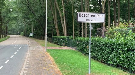 Rechts naast de straat en stoep plaatsnaambord van Bosch en Duin
